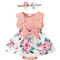 Lapastyle Strampler Neugeborene Babykleidung mit Sptize Sommerkleid süß Partykleid Set (Set, 2-tlg) Baby Mädchen Kurzarm Blumen Strampler & Haarband Outfit A-Linien-Kleid