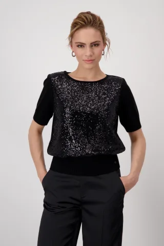 monari - Kurzarm-Strickpullover mit Pailletten schwarz - Gr. - 42