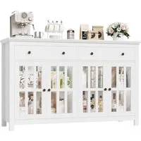 Homfa Sideboard Küchenschrank, Buffetschrank mit 2 Schubladen 4 Glastüren 140x40x91cm weiß