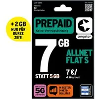 Congstar Prepaid Allnet S SIM-Karte ohne Vertrag 5G mit 25 Mbit/s Prepaidkarte, (EU-Roaming inkl. CH, 7 € Startguthaben)
