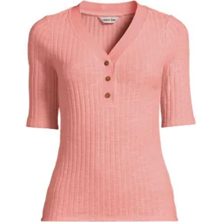 Rippstrick-Henleyshirt mit halblangen Ärmeln, Damen,  Pink, Elasthan/Baumwoll-Mischung/Polyester-Mischung, by Lands' End