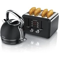 Arendo Frühstücks-Set Edelstahl Wasserkocher 1,7l, 4-Scheiben Kurzschlitz Toaster, schwarz (2-tlg), Retro Wasserkocher mit Temperatureinstellung, Vintage Toaster