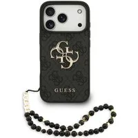 Guess Handyhülle Case iPhone 17 Pro Kunstleder grau Big Logo goldfarbig Kette 6,3 Zoll, Kantenschutz