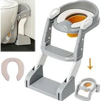AIMAX Baby-Toilettensitz Kinder mit Treppe Toilettentrainer für Kinder, WC Sitz mit PU Gepolsterter Höhenverstellbar und Faltbar