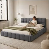 Simurq Polsterbett Jugendbett 140x200 cm mit Lattenrost, Bubble Bett Bettgestell, Leinen (Flachbett, Ohne Matratze,Leinenstoff, Cloud Bett/Marshmallow Bed,Doppelbett 140x200 mit Rückenlehne Kopfteil)