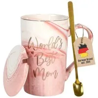 Intirilife Tasse, 1-tlg., Porzellan, Kaffee Tee Tasse mit Deckel Muttertags Geschenk World's Best Mom 280ml
