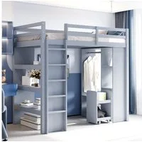 Flieks Hochbett Kinderbett 90x200cm mit Kleiderbügel, Regale und abnehmbarem Wagen