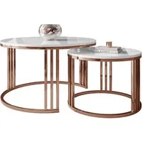Lookway Couchtisch LORI 2in1 Couchtisch-Set in Hochglanz mit Kupfergestell (2er Set), Durchmesser: ⌀70 cm und ⌀50 cm