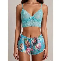 Elegant Love Shorty Sexy Dessous-Set – Luxus Nachtwäsche & Stilvolle Loungewear für Damen (Lingerie-Set, 2 tlg., Bralette aus Spitze + Shorts) Sinnliches Bustier und Satin-Hotpants mit elegantem Blumenmuster
