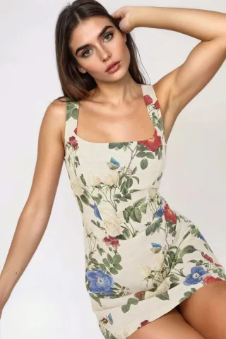 Mini-Kleid mit quadratischem Ausschnitt und Blumenmuster aus Leinen-Optik