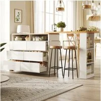 HAUSS SPOLE Kücheninsel mit Stauraum,Bartisch mit Schubladen,Küchenschrank mit Schubladen, (Aufbewahrungstisch, Servierwagen mit Tischfunktion), Homeoffice-Tisch Wohnzimmertisch mit seitlichem Snack-Regal,Weiß