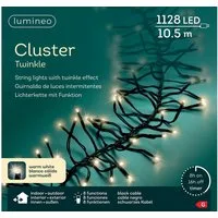 Lumineo LED-Lichterkette Lumineo Lichterkette CLUSTER TWINKLE 1128 LED 10,5m warm weiß, schwarz, Indoor/Outdoor, 8 Effekte, 8h-Timer, + 5 Meter Zuleitung