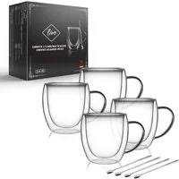 LIBWYS Thermotasse Doppelwandige Kaffeetassen aus Glas 4x250 ml mit Griff und Löffel, Glas, Doppelwandige Glastassen mit Griff für Kaffee, Tee und Heißgetränke