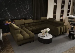Wohnlandschaft Schlafsofa BASTIEN in Stoff Moly Dunkelgrün Ottomane Links