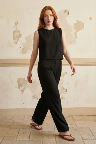 Leinenmischung Bluse & Hose Co-Ord Set mit Tasche