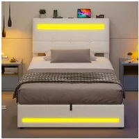 MSMASK Polsterbett Hydraulisches Stauraumbett mit höhenverstellbarem Kopfteil, Funktionsbett, Jugendbett mit LED-Beleuchtung und Ladeanschlüssen