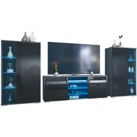 Vladon Wohnwand Davos, (Anbauwand, bestehend aus 2 Vitrinen, 1 TV-Board und LED-Beleuchtung), Anthrazit matt/Schwarz Hochglanz (329 x 134 x 35 cm)