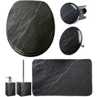 Sanilo Badaccessoire-Set 6-teilig Granit, WC-Sitz mit Absenkautomatik, Badteppich 70 x 110 cm, Waschbeckenstöpsel, Badewannenstöpsel, Seifenspender, WC-Bürste, 6 tlg., hochwertig & modern, universell, leichte Montage