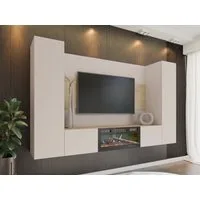 MIRJAN24 Wohnwand Deromi V mit Kamin, (4er-Set, TV-Lowboard mit Wandpaneel, 2x Hängeschrank), Realistische LED-Flamme, Push to open