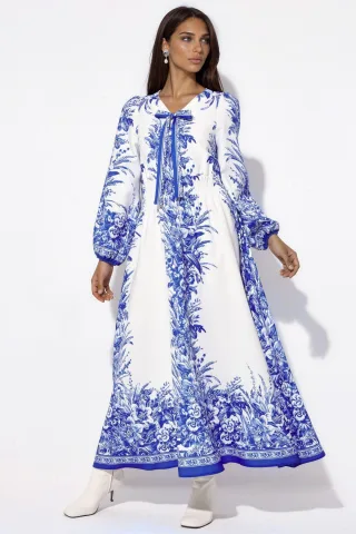 Bedrucktes V-Ausschnitt Maxikleid mit Bindedetail
