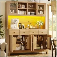 TavilaEcon Küchenbuffet Hochbuffetschrank mit App-gesteuerter RGB-LED & 4 Schubladen (1-St) mit verstellbare Einlegeböden, Naturholz-Optik