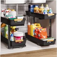Yorbay Ablageregal Küchenregal 2er Set,Waschbecken Regal, Küchenschrank Organizer,Schwarz, Höhenverstellbarer Schubladenschrank für Küche & Bad