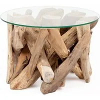LebensWohnArt Couchtisch Individueller Couchtisch TORA Teakholz runde Glasplatte 60cm