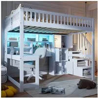 Merax Hochbett 140x200cm mit LED-Beleuchtung (1-St., Jugendbett Einzelbett Stockbett aus Kiefernholz/MDF) Kinderbett mit Stauraumtreppe, Regalen, Ablagefächern & Schreibtisch