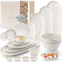 SÄNGER Geschirr-Set Korfu Geschirrset (12, 16, 24, 36 Teile) (15-tlg), 6 Personen, Steingut, Servierplatten Set mit Schalen, Creme, Handmade, Premium Collection