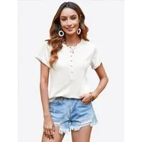 Imily Bela T-Shirt Damen Gerippt Henley Knopfleiste gerollte Ärmel Sommer Basic (Packung, 1-tlg., 1per-Pack) gehäkelt in Unifarbe