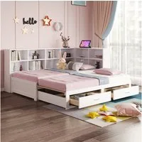 Merax Daybett 90/180x190cm mit USB-Steckdose (1 tlg), Ausziehbares Schlafsofa Kinderbett mit Ablagefächern und 2 Schubladen