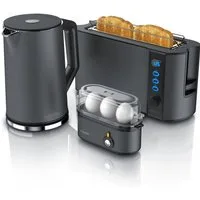 Arendo Frühstücks-Set (3-tlg), Edelstahl Wasserkocher 1,5l, 2-Scheiben Toaster, Eierkocher, Cool Grey