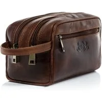 SID & VAIN Kulturbeutel echt Leder Kulturtasche groß braun GATWICK, Waschbeutel Echtleder für Damen & Herren, Kosmetiktasche braun-cognac