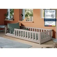Kids Collective Kinderbett Bodenbett Bett mit Rausfallschutz & Lattenrost Montessori Bett Kinder (weitere Größen 80x160, 80x180, 90x200, 120x200, 140x200 cm), Jugendbett Einzelbett mit Matratze Kaschmir Kiefer 90x190 cm