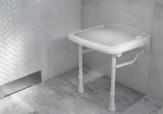 Neuesbad Serie 91 Duschklappsitz, Wandmontage, mit Stützfüssen, 150kg Belastbarkeit, weiss, Aluminiu NB1DENIV651E1