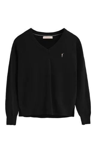 Pullover schwarz aus Wollgemisch mit V-Ausschnitt und gesticktem Rigby Go-Logo
