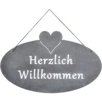Levandeo® Metallbild, Schild Willkommen Herz 40x25cm Eisen Garten-Deko Grau Türschild
