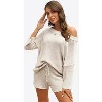 Imily Bela Hausanzug Damen Zweiteiliges Pyjama-Set (Set, 2 tlg., Schulterfreier Strickpullover + Kurze Hose) Einfarbig