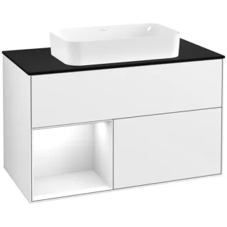 Villeroy und Boch Finion Waschtischunterschrank G242GFGF 100cm, Abdeckplatte black matt, Emotion, Regal links Glossy white lacquer, Glossy white lacquer