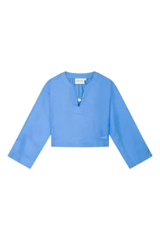 Fabienne Chapot - Cropped-Bluse mit V-Ausschnitt und Ballonärmeln blau - Gr. - 34