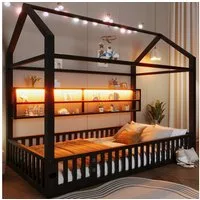 Merax Kinderbett mit LED-Beleuchtung, Plattformbett im Haus-Design (Jugendbett Einzelbett Babybett, 1-tlg., Metallbett), Bodenbett Hausbett 90x200cm mit Ablagefächern, Sicherheitszaun & Tür