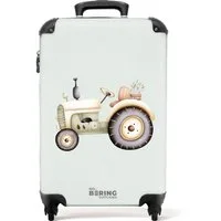 NoBoringSuitcases.com© Kinderkoffer Beigefarbener Oldtimer-Traktor in Pastellgrün 55x35x20cm, 4 Rollen, Handgepäck Koffer, Hartschalenkoffer Kinder, Reisekoffer Jungen