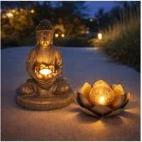 GLOBO LIGHTING LED Solarleuchte, LED-Leuchtmittel fest verbaut, Warmweiß, Solarleuchte Buddha Feng Shui Außen Solarblume Aussen Lotusblume Solar