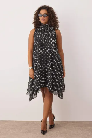 Curve Damen Polka-Dot Midi Ärmelloses Freizeitkleid in A-Linie in Übergröße