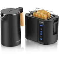 Arendo Frühstücks-Set Edelstahl Wasserkocher 1,5l, 2-Scheiben Kurzschlitz Toaster, schwarz (2-tlg), Wasserkocher mit Temperatureinstellung, Toaster Brötchenaufsatz, Touch