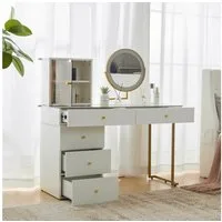 Merax Schminktisch mit LED Spiegel, Kosmetiktisch mit transparenter Tischplatte und Schrank, 120x45x115cm