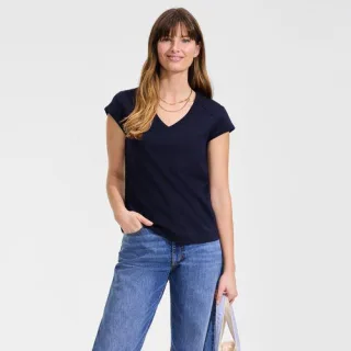 Supima-Shirt mit V-Ausschnitt und Kappärmeln für Damen in Petite-Größe, Damen, size: petite, Grün, Baumwolle, by Lands' End
