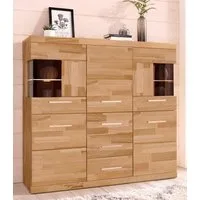 OTTO home Highboard Ribe,125cm breit,115cm hoch, Fronten Massivholz,5Türen,3 Schubladen, Holz massiv, Holzwerkstoff, Metall Griffe,10Fächer, Böden versetzbar