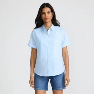 Supima Bügelfrei-Bluse mit kurzen Ärmeln für Damen in Petite-Größe, Damen, size: petite, Blau, Baumwolle, by Lands' End