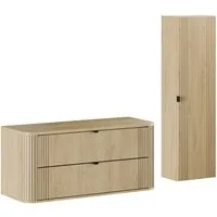 Lomadox Badmöbel-Set OLIVA-56, (Spar-Set, 2-St., Waschtischunterschrank Hochschrank), Eiche Dekor Rillen Metallgriffe Waschtischplatte Softclose